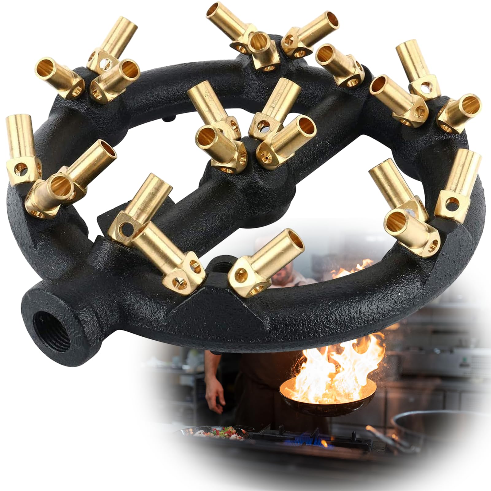 Photo 1 of Homend Propane Gas Jet Burner For Chinese Wok Range, Grilling, Stir Fry - Cast Iron Body Round Nozzle Jet Burner with 23 Brass Tips - Up 100,000 BTU (Propane Gas, 23 Tips, 0.5mm Hole)
