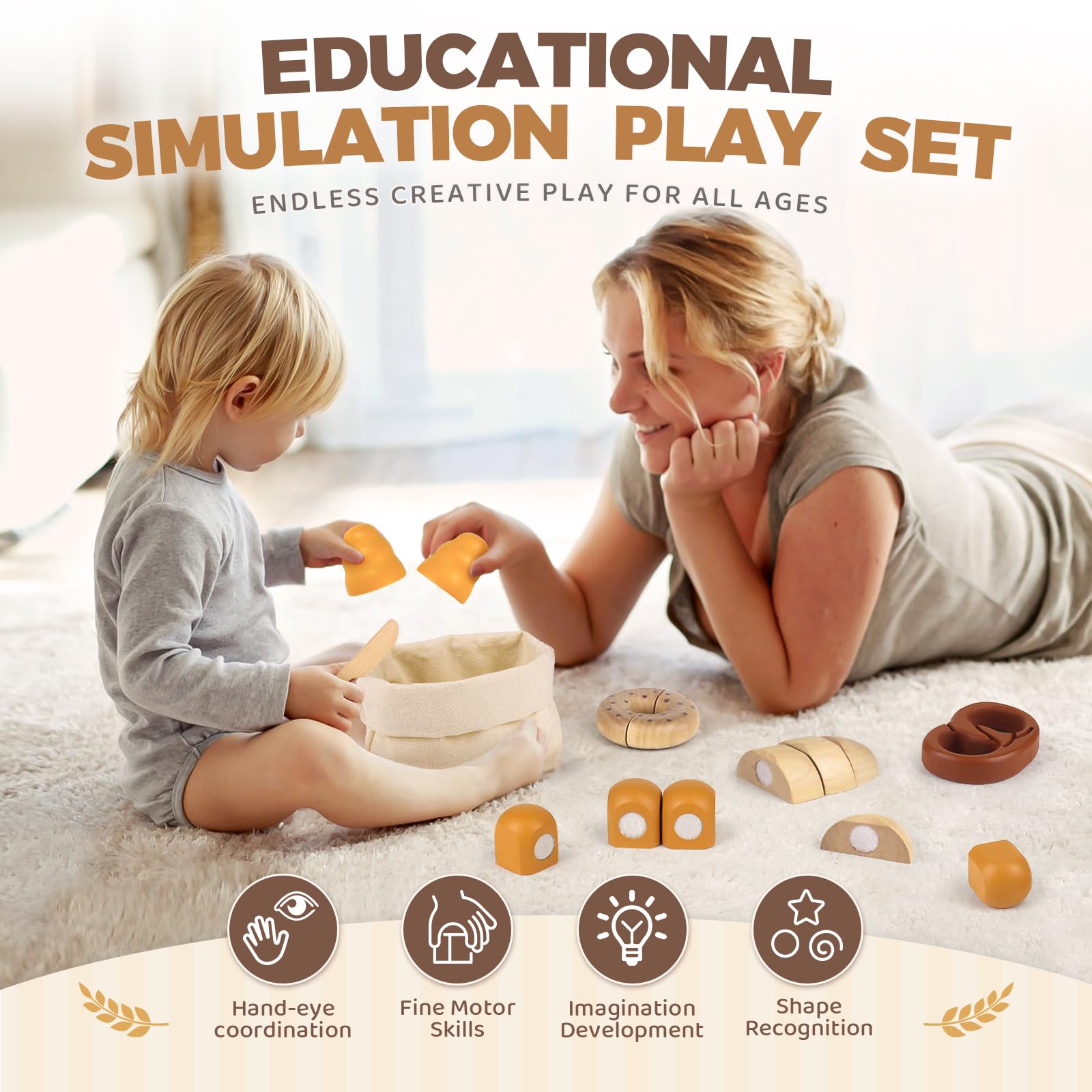 Airlab Kinderküche Spielküche Zubehör aus Holz, Küchenspielzeug Schneiden Brot Kinder, Bäckerei Spielzeug Lebensmittel Holz mit Klett-Verbindung, Holzspielzeug Küche Pädagogisches Rollenspiel Geschenk 6