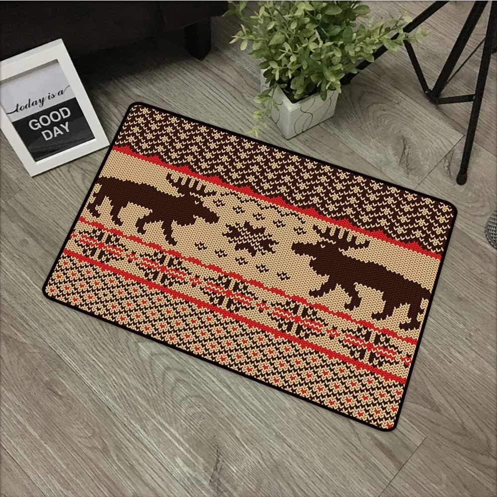 Fakgod Entrance Doormat Cabin Decor Knitted Swatch with Deers and Snowflakes Classic Country Plaid Digital Print for Outdoor and Indoor 35"x24" Brown Tan Red