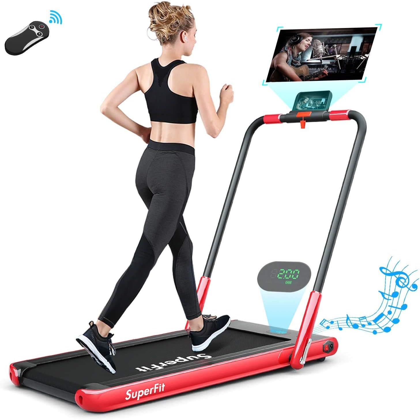 KARKEIN 2 in 1 Folding Treadmill for Home，Electric Portable Space Saving Fitness Motorized Walking Running Machine with Bluetooth Audio Speakers and Phone Holder