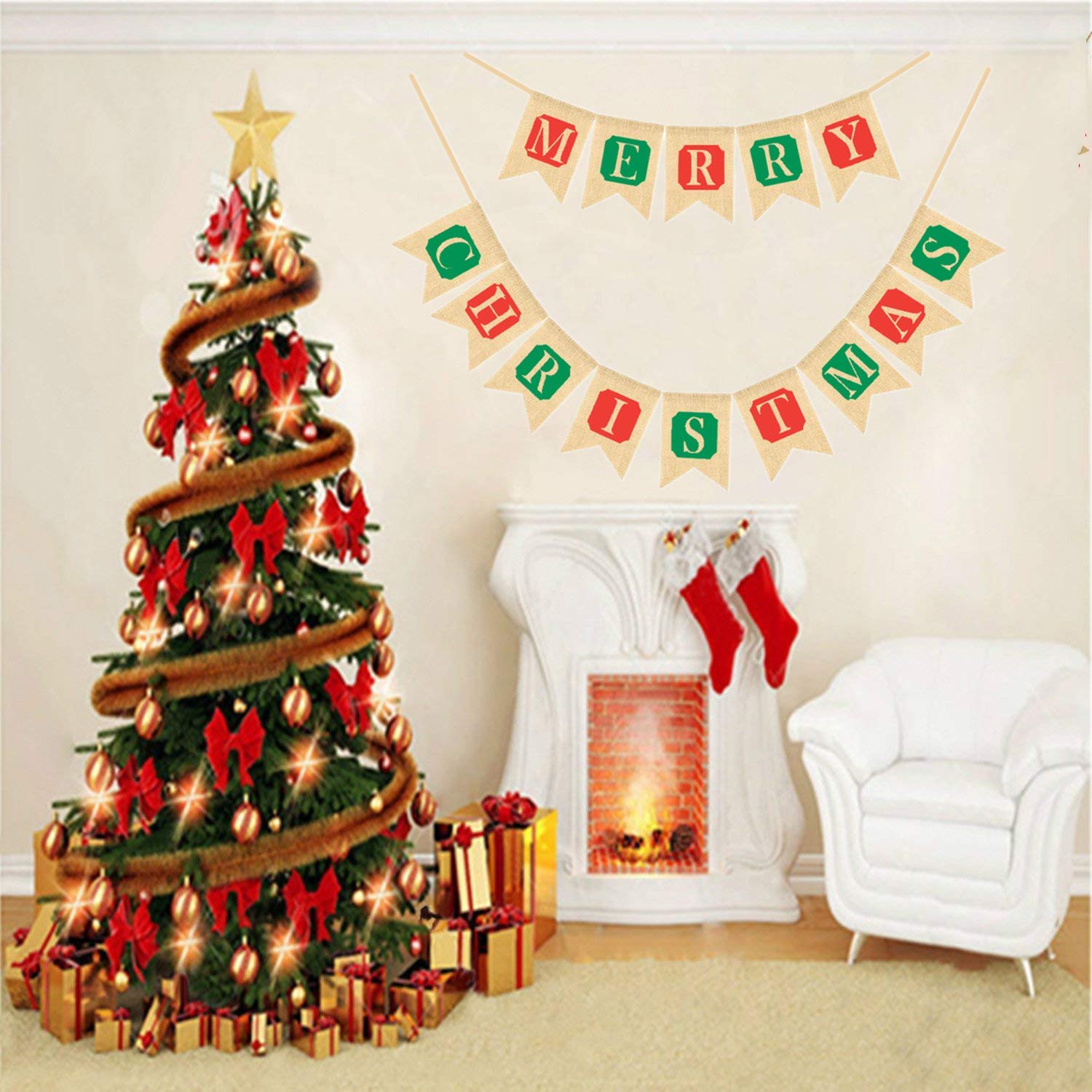 Merry Christmas Flags Banner Indoor Burlap Outdoor Bunting Banner Garland for Cafe Restaurant Party Garden Decoration