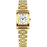 NBONAL Women's Vintage Rectangle Watch, Gold Stainless Steel Band, White Roman Dial, Small Size, Water Resistant