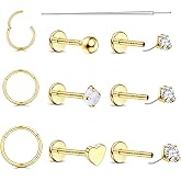20G/18G Nose Rings Studs for Women Men - 14K Gold Filled Flat Back Nose Studs Nose Ring Hoops Hypoallergenic Surgical Steel Threadless Push in CZ Helix Tragus Conch Nostril Cartilage Piercing Jewelry