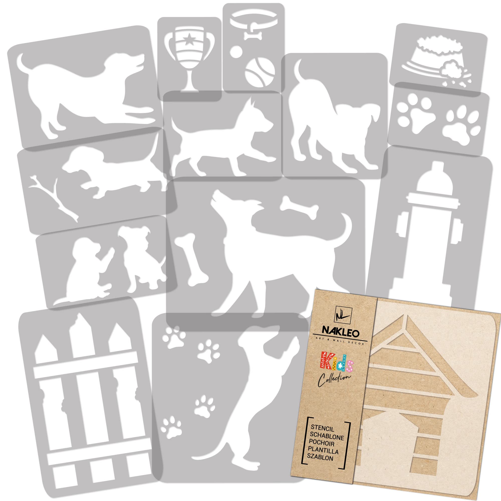 NAKLEO Painting Stencils Set for Kids, 14 Pcs Templates 9x12 to 23x34cm Dogs, Plastic and Reusable Drawing Stencils, Children Room Decor, Craft DIY Wall Furniture