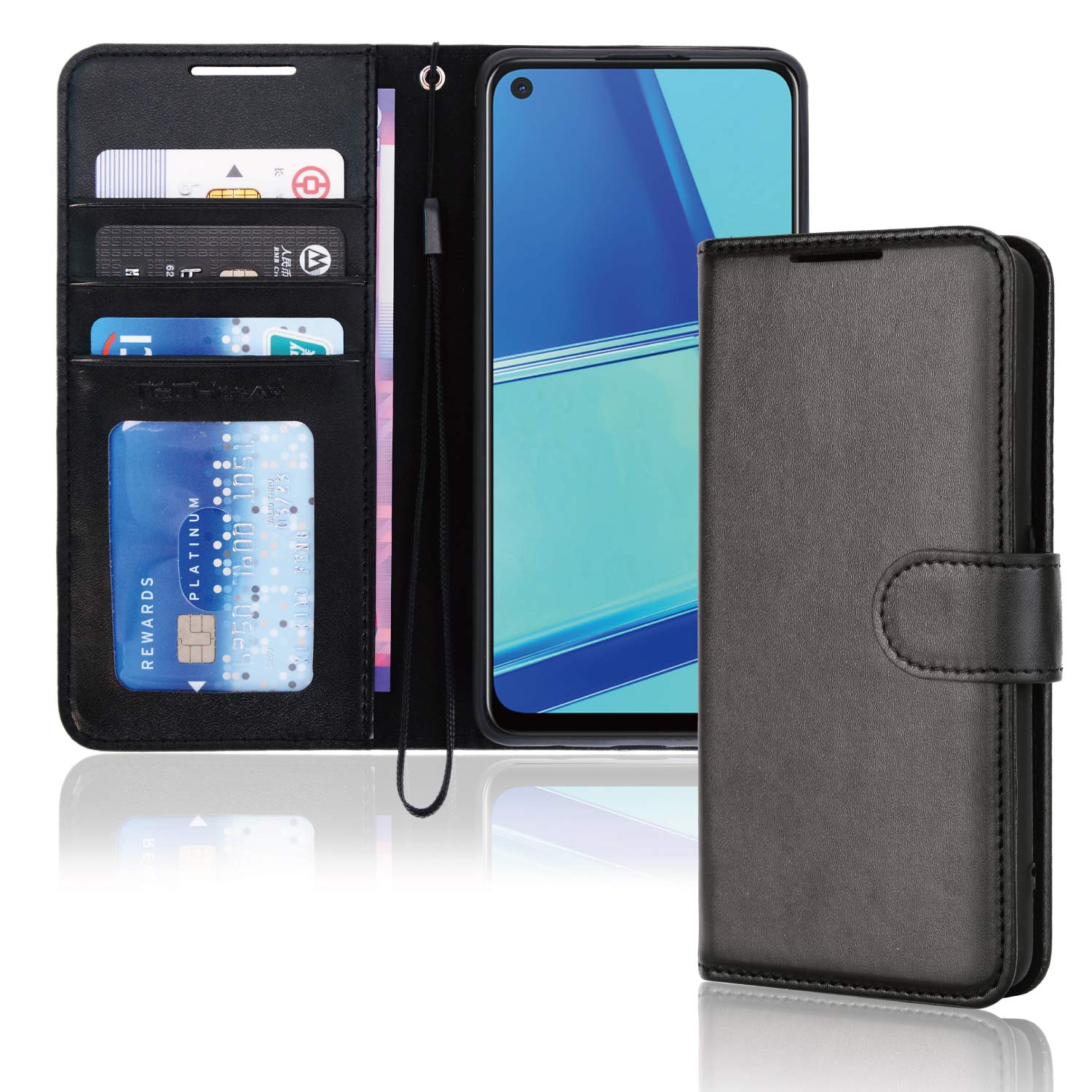 TECHGEAR Leather Wallet Case for Oppo A72 / A52 / A92, Flip Protective Case Cover with Wallet Card Holder, Stand & Wrist Strap - Black PU Leather with Magnetic Closure