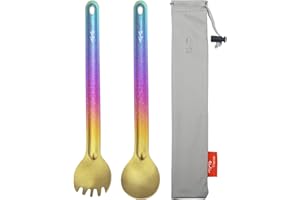 TiTo 2Pcs Titanium Spork Ultralight Long Handle Spoon Fork Portabale Tableware for Outdoor Camping & Hiking Backpacking Flate