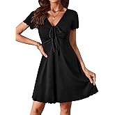 SweatyRocks Women's Elegant V Neck Lettuce Trim Drawstring Knot Front Dress Short Sleeve A Line Fit and Flare Dress