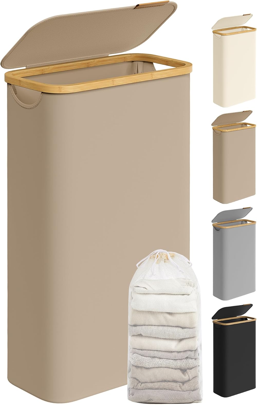 SONGMICS 65 L Slim Laundry Basket with Lid and Removable Liner Camel Brown