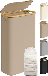SONGMICS 65 L Slim Laundry Basket with Lid and Removable Liner Camel Brown