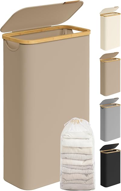 SONGMICS 65 L Slim Laundry Basket with Lid and Removable Liner Camel Brown