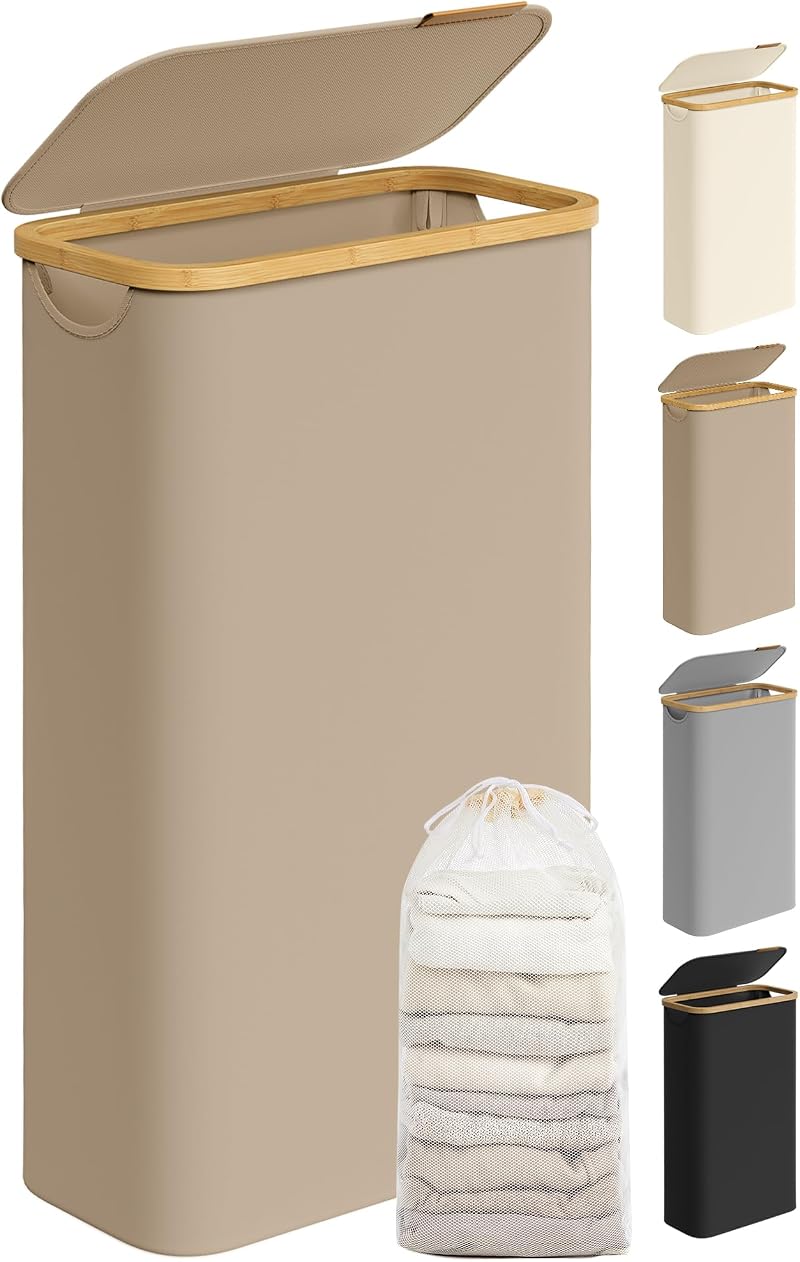 SONGMICS 65 L Slim Laundry Basket with Lid and Removable Liner Camel Brown