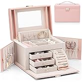 Vlando Mirrored Jewelry Box Organizer, Leather Jewelry Storage Case, Necklaces Earrings Rings Brackets Box Holder, Pink