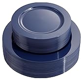 FLOWERCAT 100PCS Blue Plastic Plates - Heavy Duty Blue Disposable Plates for Possover Party/Wedding/Hanukkah - Include 50PCS 10.25inch Dinner and 50PCS 7.5inch Dessert/Salad Plates for 50 Guests