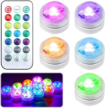 Raykce 5 Pack Mini Submersible LED Lights with Remote Colourful ABS Battery Tea