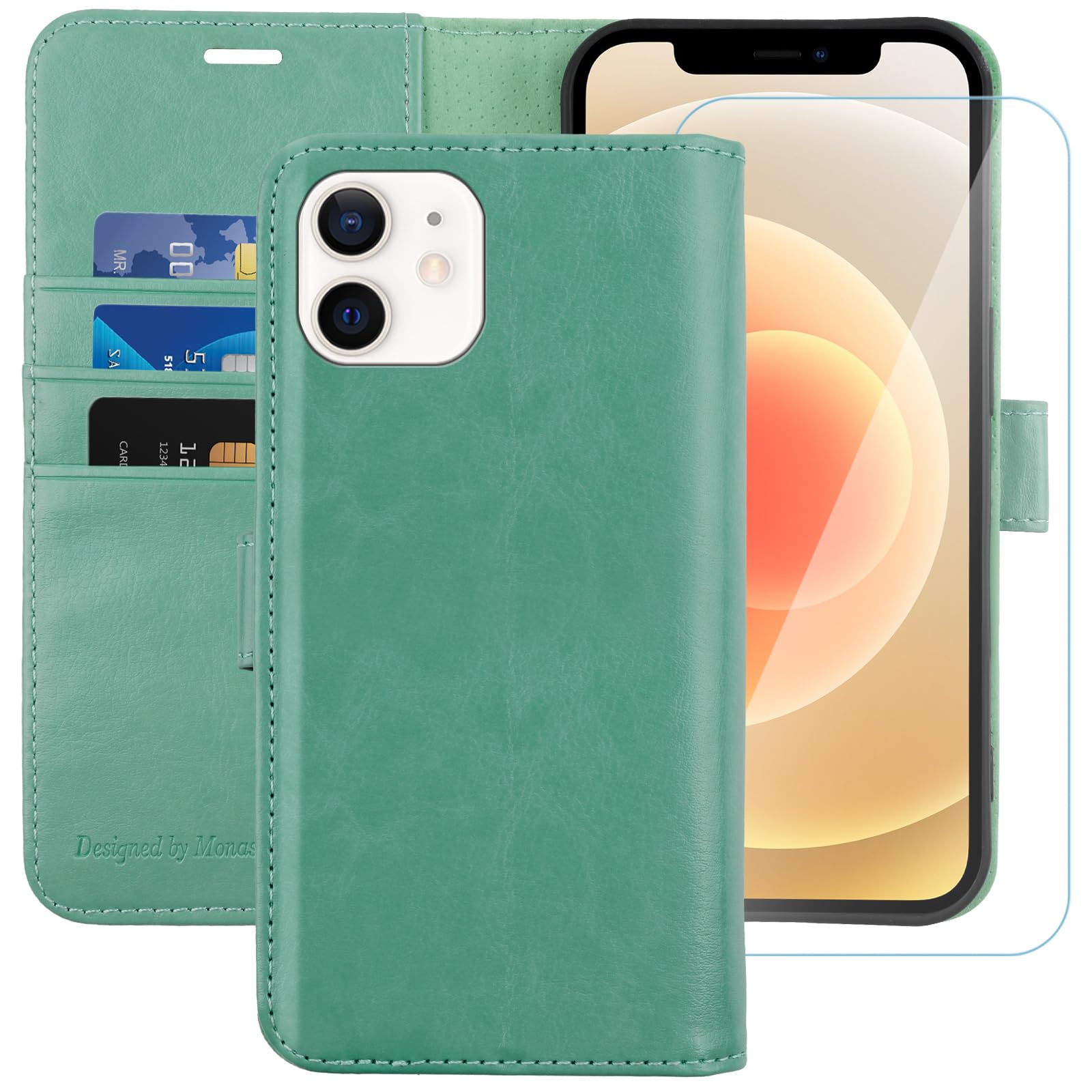 MONASAY Wallet Case for iPhone 11,6.1inch, [Glass Screen Protector Included][RFID Blocking] Flip Folio Leather Cell Phone Cover with Credit Card Holder for iPhone 11,Mint