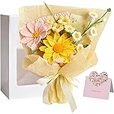 Oipuloh Cream Ivory Crochet Flower Bouquet, Finished Handmade Sun Daisy and Lily of The Valley, Boho Knitted Flowers for Home Decor, Wedding Gift, with Gift Card