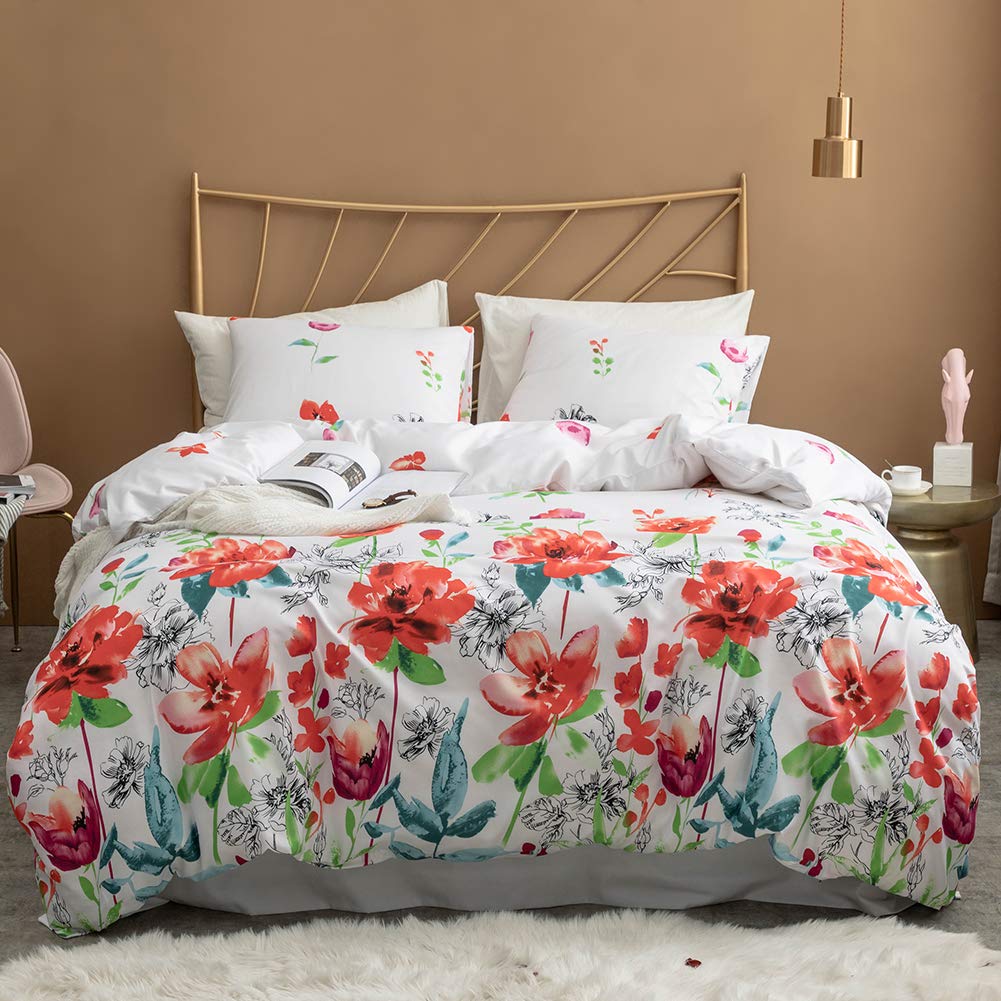 Argstar 3 Pcs Floral Duvet Cover Set, Queen Bedding Sets, Cream Comforter Cover with Flowers, Soft Lightweight Microfiber, 1 Duvet Cover and 2 Pillow Shams