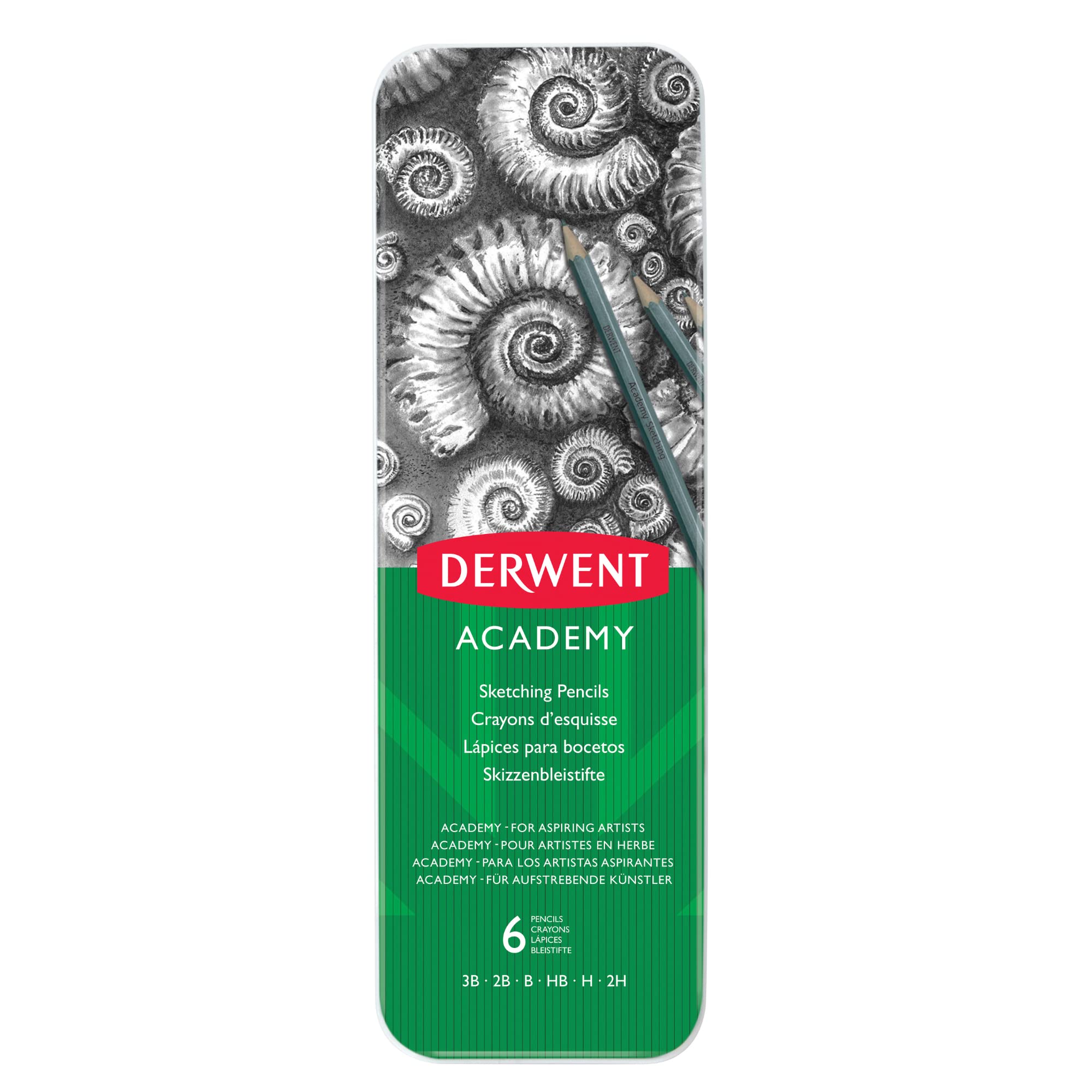 Derwent 2301945 Academy Graphite Sketching Pencils, Tin Box, 6B-5H Degrees, , Multicolor,Set of 6