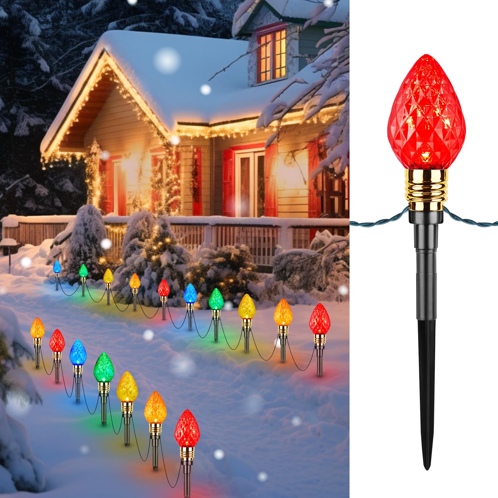 Photo 1 of 2 Pack Strawberry C9 Christmas Pathway Lights Outdoor - Total 34.8 Feet 20 LED C9 Walkway Lights, Multicolor Bulb Christmas Light Outdoor Decorations for Lawn Holiday Yard, Multicolor