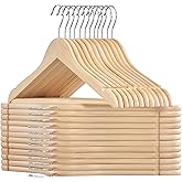 SONGMICS Wooden Hangers, Pack of 24, Coat Hangers, Non-Slip, Pants Bar, 360° Swivel Hooks, for Jackets, Shirts, Coats, Natural Wood UCRW010N24