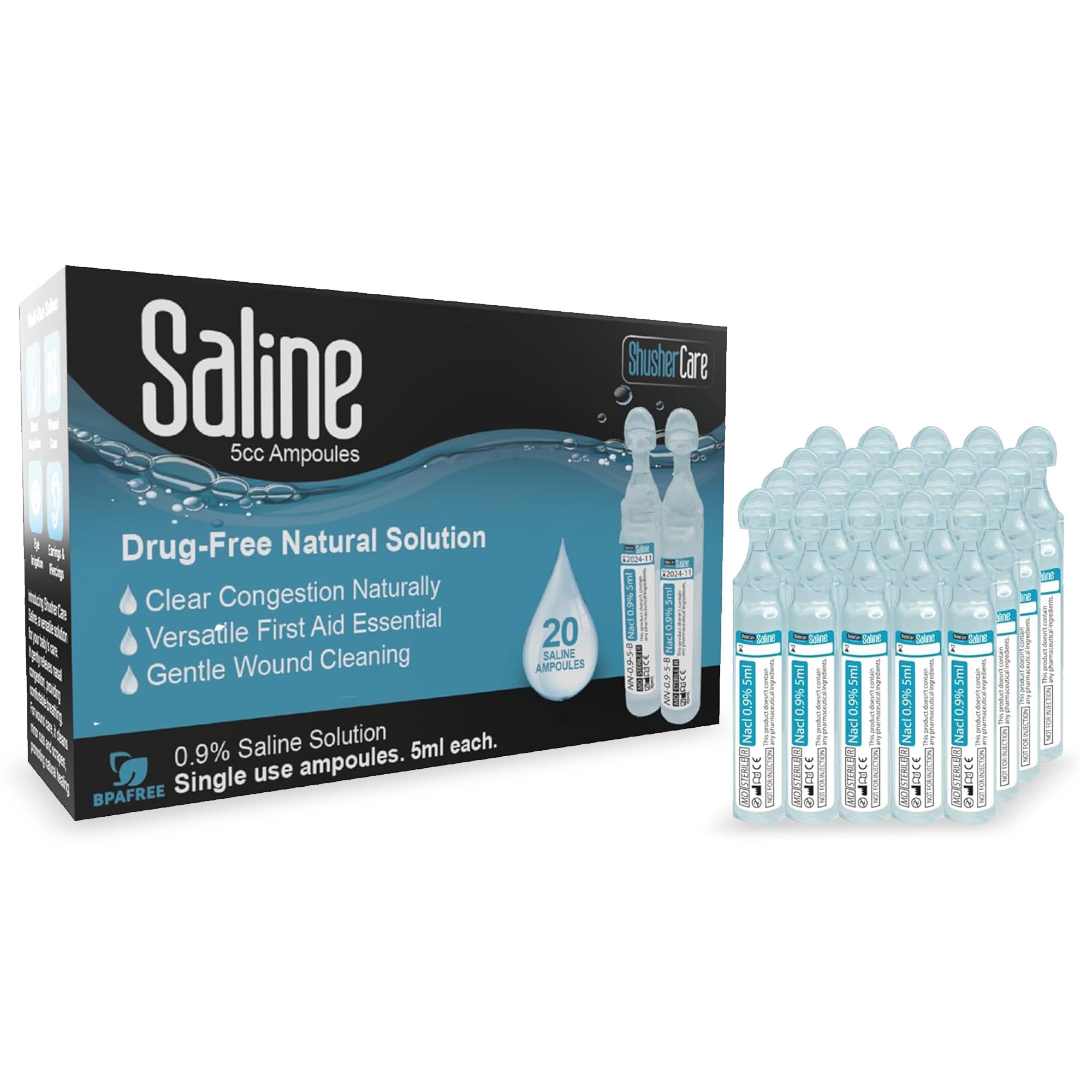 Saline Ampoules - Saline Solution for Nebulizer, Sodium Chloride 0.9% for Nose, Nasal Cleanse for Babies, Kids, & Adults, Sterile Nasal Care, Wound Cleansing - 20 Count (5ml Each)