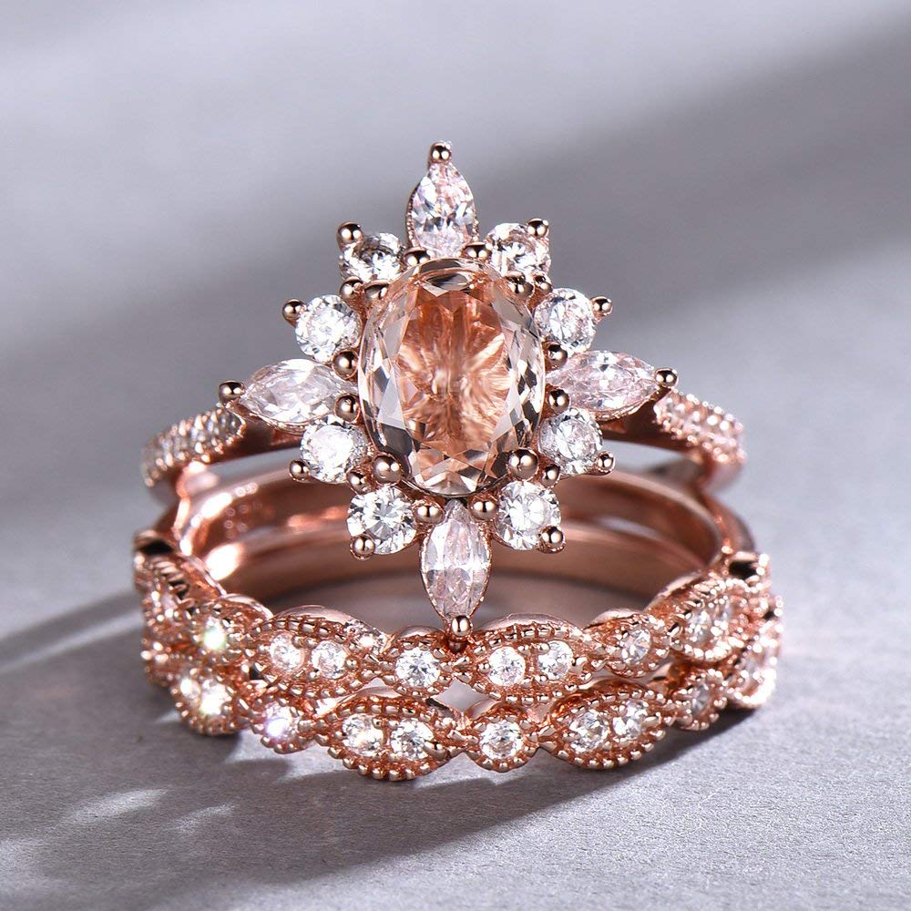 Amazon Com Morganite Ring Set Natural Morganite Engagement Ring 6x8mm Oval Cut Morganite Vintage Ring Diamond Simulate Wedding Band Rose Gold Plated Handmade