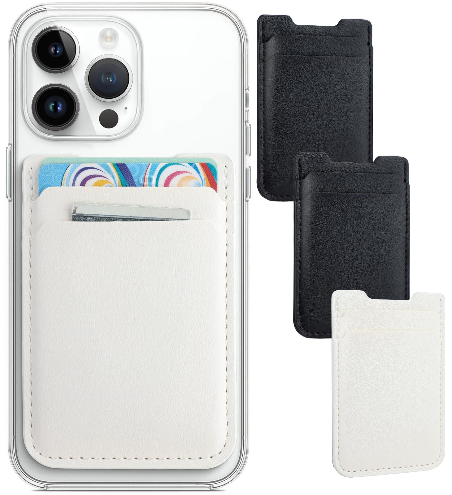 Fulgamo Sticky Wallet, 2Pack Phone Case Credit Card Holder, Leather Double Pocket Sticker for iPhone, Android, Samsung - 2Black, 1White