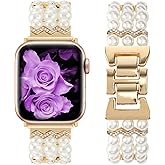 Adjustable Elastic Pearl Beaded Band Compatible with Apple Watch 38mm 40mm 41mm, Woman Chic Diamond Metal Chain Solo Loop Stretch Bracelet Strap Replacement for iWatch Series 9 8 7 6 5 4 3 2 SE