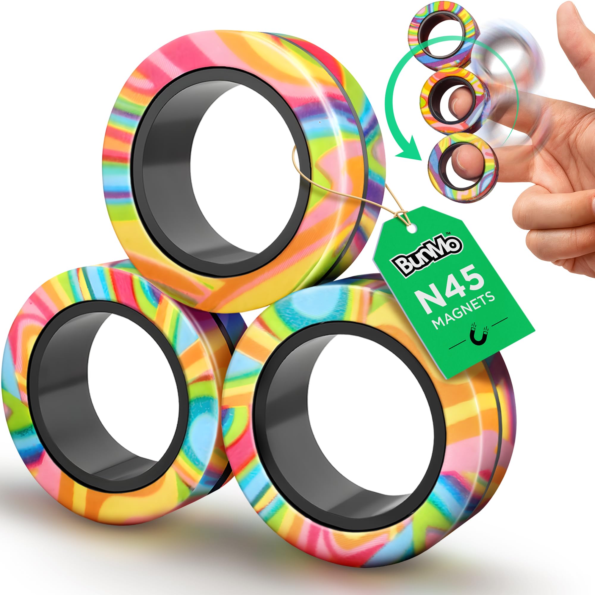BunMo Easter Basket Stuffers - Multicolor Magnetic Rings - Easter Basket Stuffers for Teens - Improved N45 Magnets, BPA-Free - Quiet Fidget Toy for Adults & Teens for Office, School & Travel