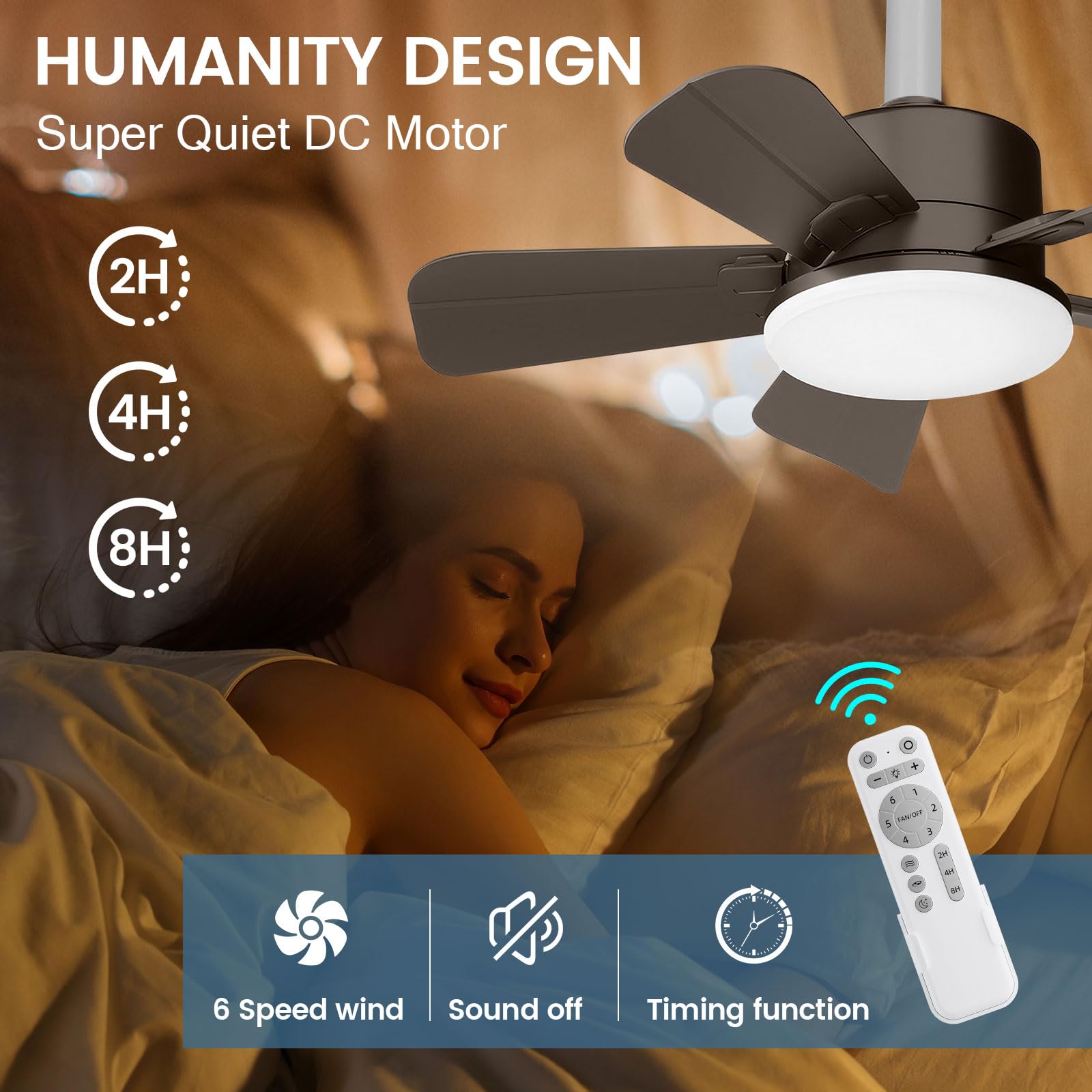 OKYUK Ceiling Fans with Lights,19in Small Ceiling Fan ceiling fans with and remote, with 6-Speeds, definite time, Dimmable LED, E26/E27 Base, for Bedroom, Kitchen, Living Room,Garage Fan (Brown)