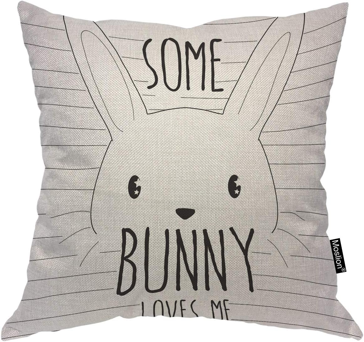 Moslion Rabbit Pillow Case Cute Animal in Black White Stripes Word Some Bunny Loves Me Easter Throw Pillow Cover Decorative Happy Father's Day Square Cushion Cotton Linen Canvas Home 18x18 Inch