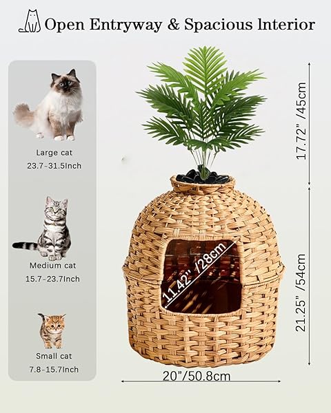CAT LITTER BOX PLANT FURNITURE ENCLOSURE WITH ARTIFICIAL PLANT, DECORATIVE HANDWOVEN RATTAN ROUND PLANTER, CARBON FILTER FOR ODOR CONTROL, EASY-TO-CLEAN,IN LIVING ROOM, BEDROOM, CORNER, NATURAL