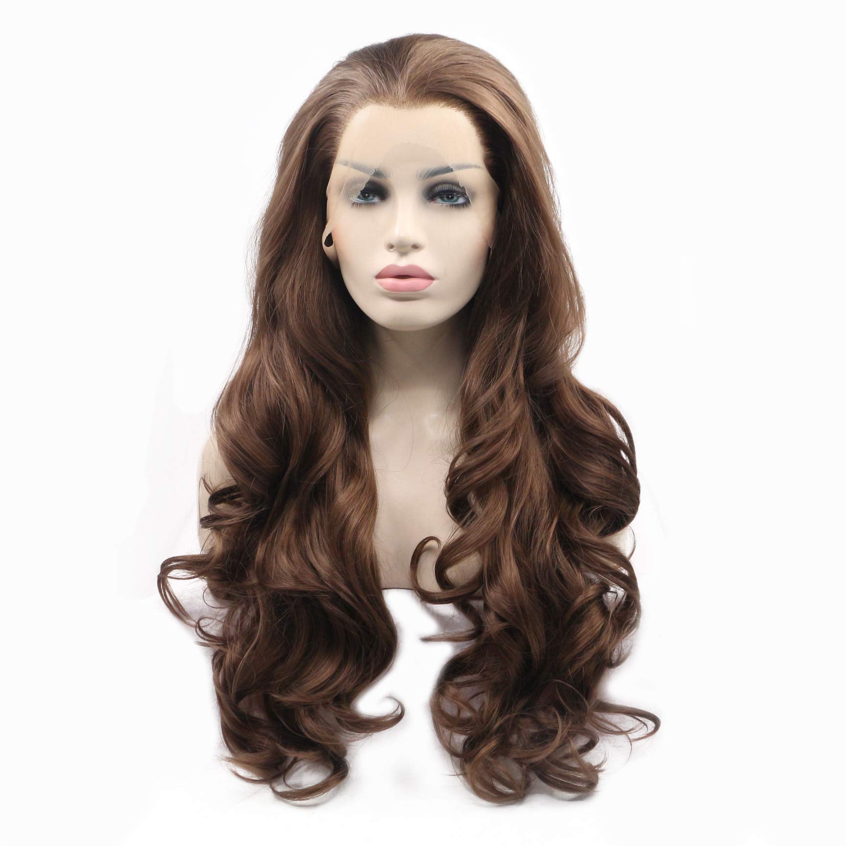 Xiweiya Brown Wig, Synthetic Lace Front Wig, Heat Resistant, Wavy, 24" Long, Medium Cap Size