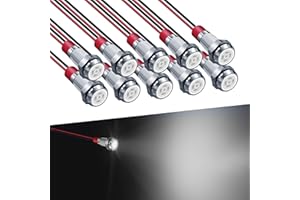FICOLPO 10 Pcs LED Metal Waterproof Indicator Light, 12-24V 1/4'' Mounting Hole Pre-Wired Pilot Signal Light for Car, Trucks, Boats, Marine, Dash, Industrial Electricity (White, 6mm)