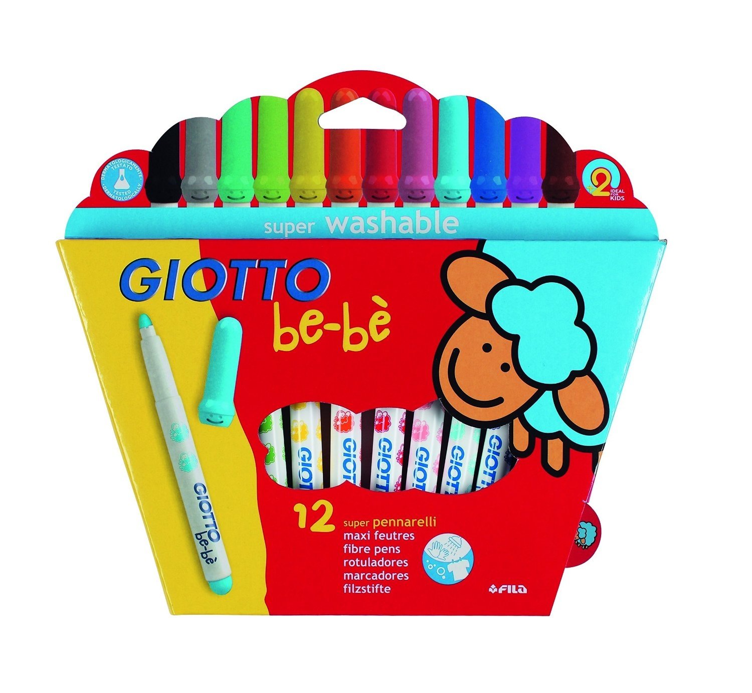 GIOTTO be-bè Colouring Felt Tip Pens for Young Children, Box of 12 Assorted Colours, Super Washable, Ideal for School & Home