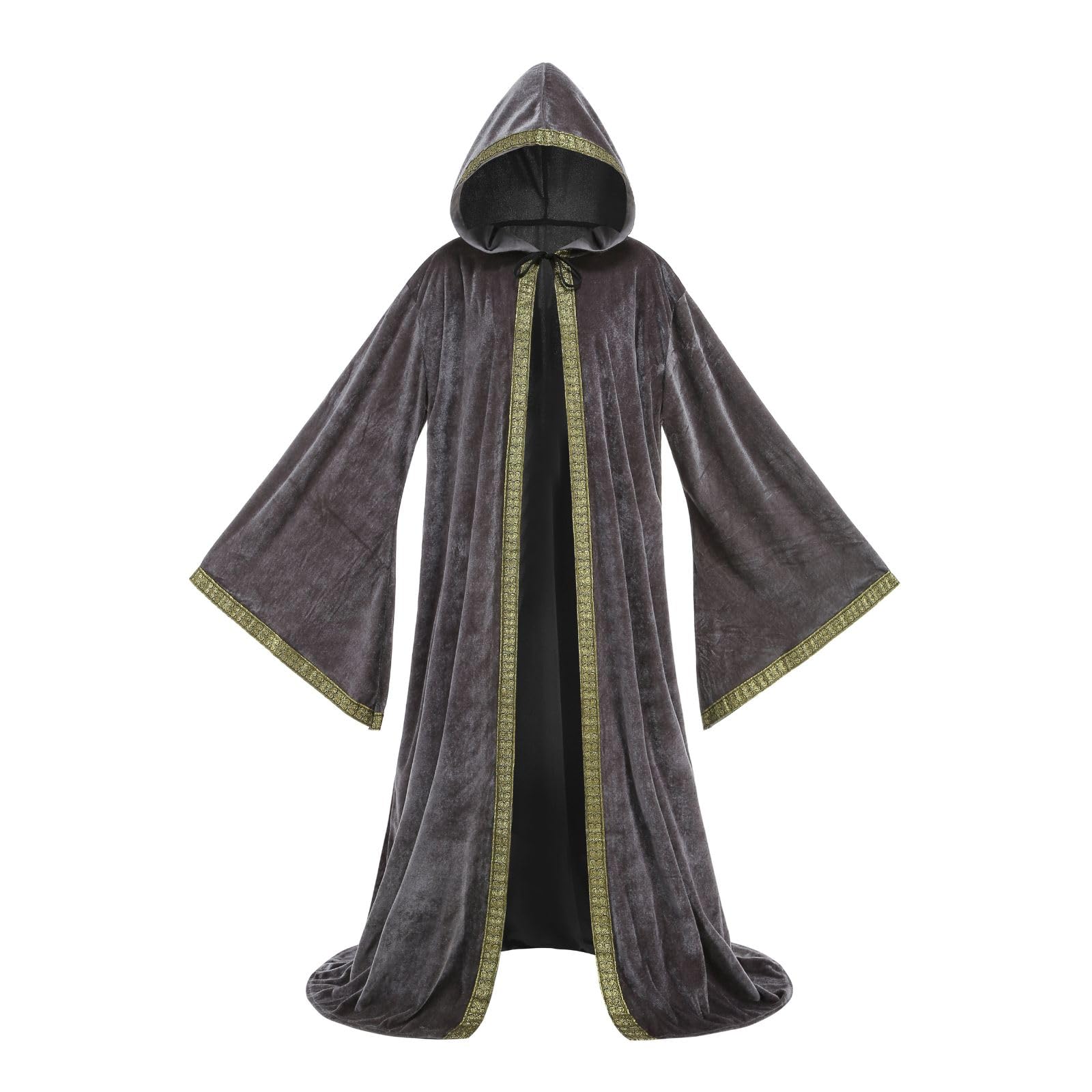 HAPNBCELE Wizard Robe Cloak with Hood Men Women, Renaissance Costume Medieval Velvet Cape Long Sleeve Halloween Dress Up (Grey, 56 Inches/140cm)