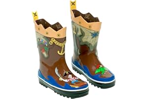 Kidorable Pirate Brown Rubber Rain Boots With Fun Crossbones Pull On Heel Tab
