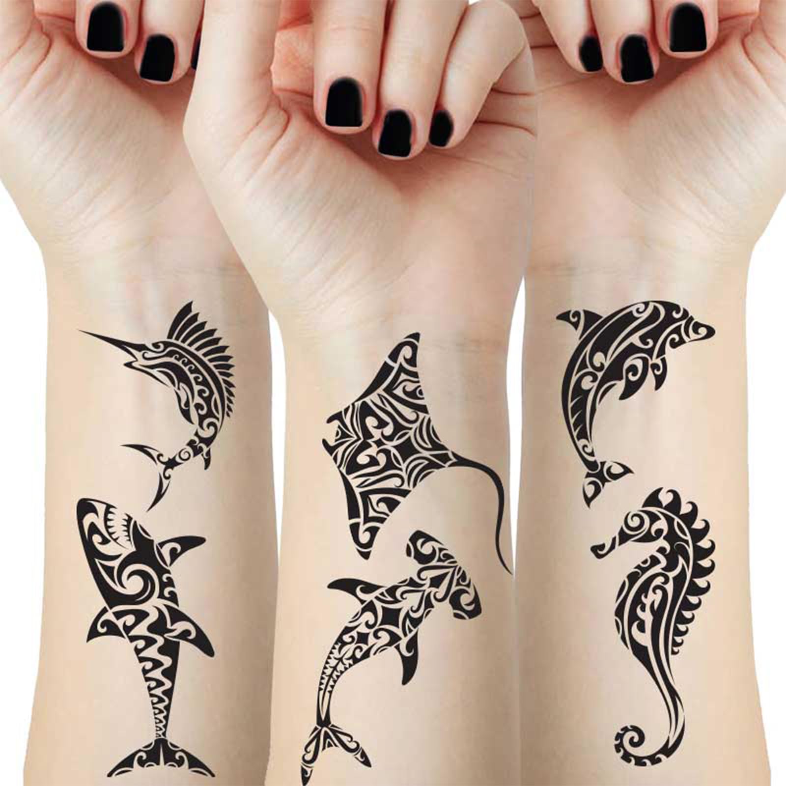 Photo 1 of 12 Sheets Temporary Tattoos for Men Adults, Maori Stingray Shark Whale Hippocampus Polynesian Tribal Hawaiian Fake Tattoo for Neck Arm Hands Leg