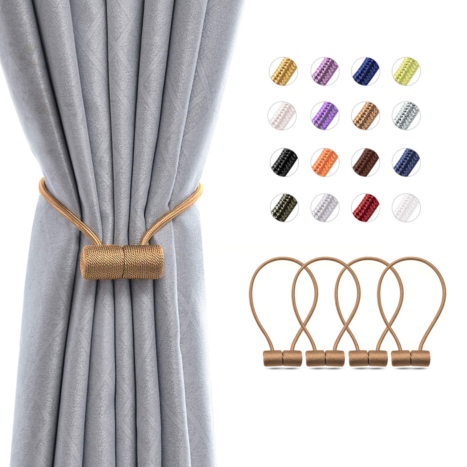 Pretty Jolly 4 Pack Magnetic Curtain Tiebacks 16 Inch Modern Handmade Weave Rope Curtain Holdbacks Convenient Decorative Curtain Drape Tie Backs for Home and Office Window Drapery (Light Coffee)