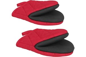 GOLDMEET 1 Pair Short Oven Mitts, Heat Resistant Silicone Kitchen Mini Oven Mitts for 500 Degrees, Non-Slip Grip Surfaces and Hanging Loop Gloves, Baking Grilling Barbecue Microwave Machine Washable