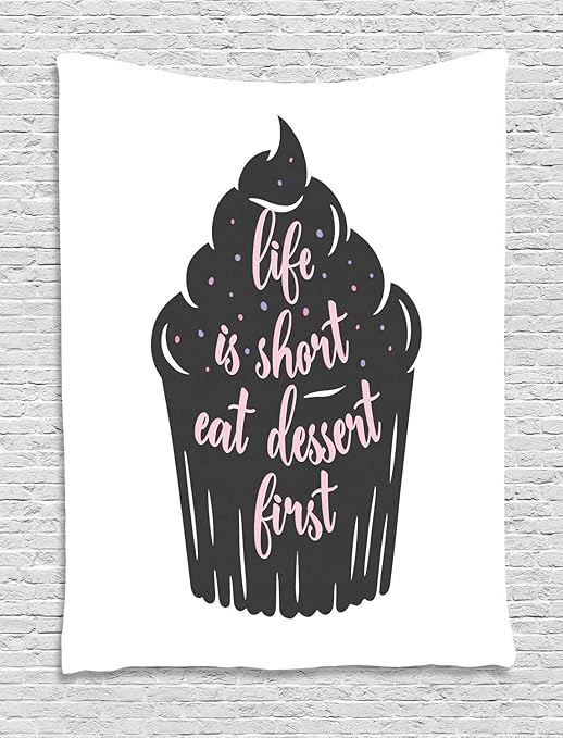 amazon com ambesonne eat dessert first tapestry cursive typography on cupcake silhouette with dots wall hanging for bedroom living room dorm decor 40 x 60 charcoal grey and rose home kitchen amazon com