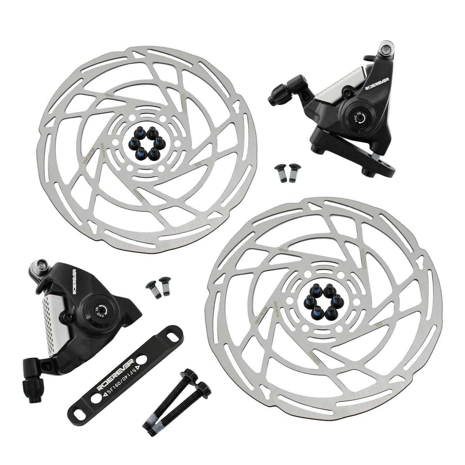 RIDEREVER MCX-2 Flat Mount Dual-piston Mechancial Disc Brake Set w/ 160mm Rotors, Black x Silver, RD2319