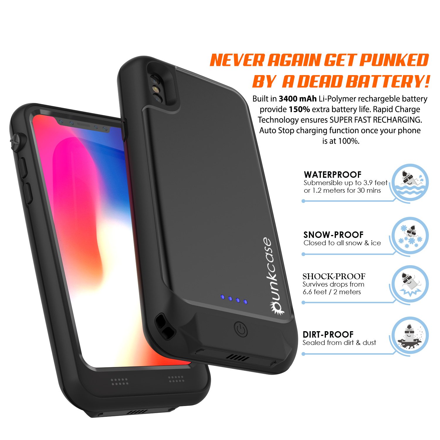 PunkJuice iPhone X Battery Case, Waterproof IP68 Certified Charger Cover W/Built-in Screen Protector [Ultra Slim] Fast Charging & Protective 3600mAh Power Juice Bank for Apple iPhone Xs & X [Black]