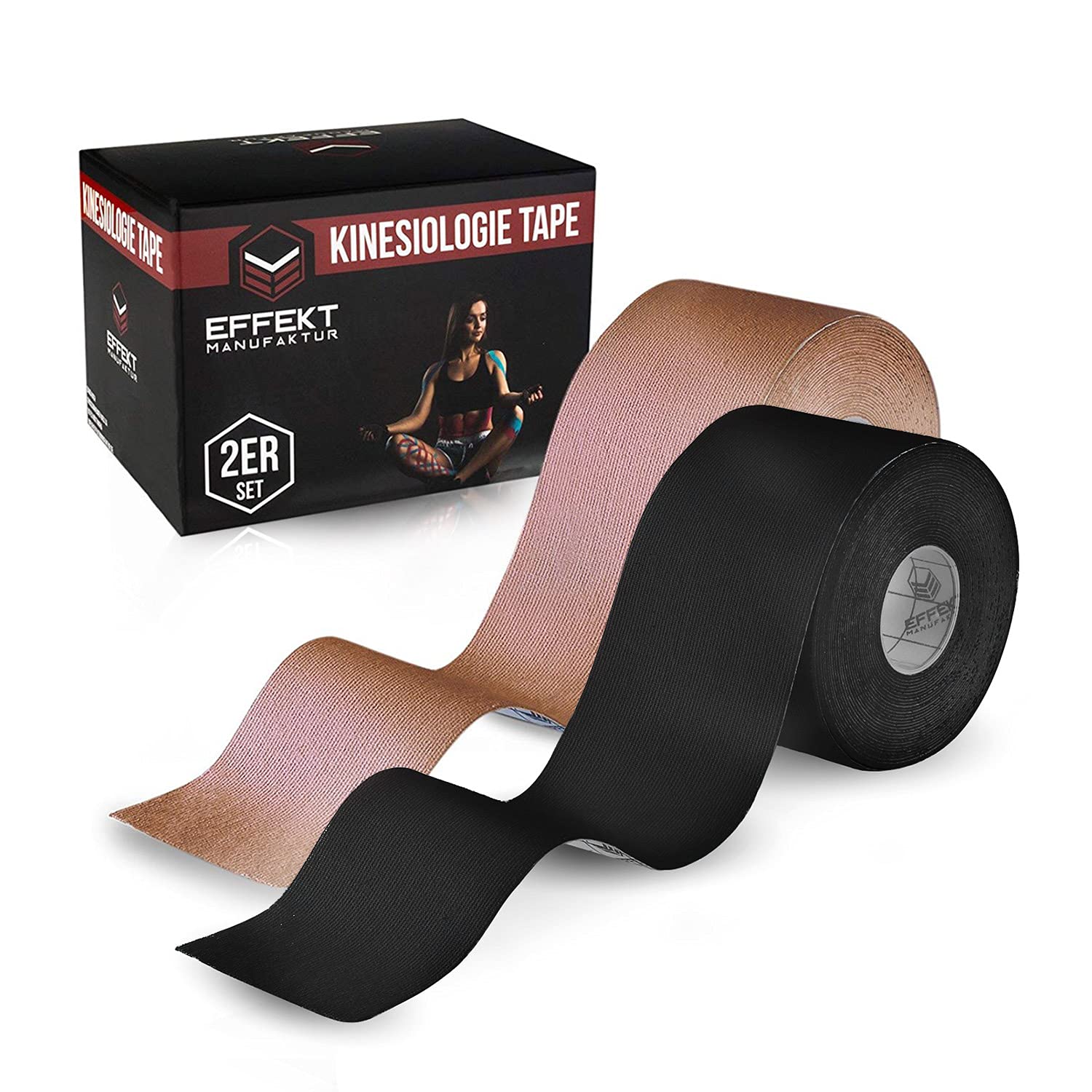 Effekt Kinesiology Tape Waterproof (5 m x 5 cm), 2 Roll - Elastic Physio Tape for Muscle Support and Injury Recovery, Medical Tape, Sports Tape Strapping Durable Kinesthetic Tape (Beige + Black))