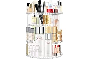 BAKOOR Makeup Organizer, Adjustable Bathroom Organizer Spinning Carousel Makeup Brush Holder, Cosmetic Storage Make Up Organizers and Storage, Large Capacity Vanity Organizer with DIY Adjustable Trays