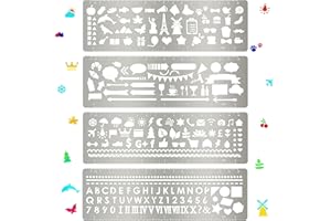 Chinco 4 Pieces Stencils Metal Journal Template 7.1 x 2.3 Inch Bookmark Ruler School Supplies Stainless Steel Stencils Set for DIY, Engraving, Painting, Scrapbooking(Geometry Style)
