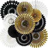 BEISHIDA Black Gold White Hanging Honeycomb Round Paper Fan Decoration Set for Christmas Halloween New Years Baby Shower Birthday Wedding Bachelorette Photo Backdrop Anniversary Party Supplies(11pack)