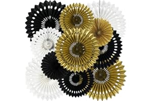 BEISHIDA Black Gold White Hanging Honeycomb Round Paper Fan Decoration Set for Christmas Halloween New Years Baby Shower Birthday Wedding Bachelorette Photo Backdrop Anniversary Party Supplies（11pack）