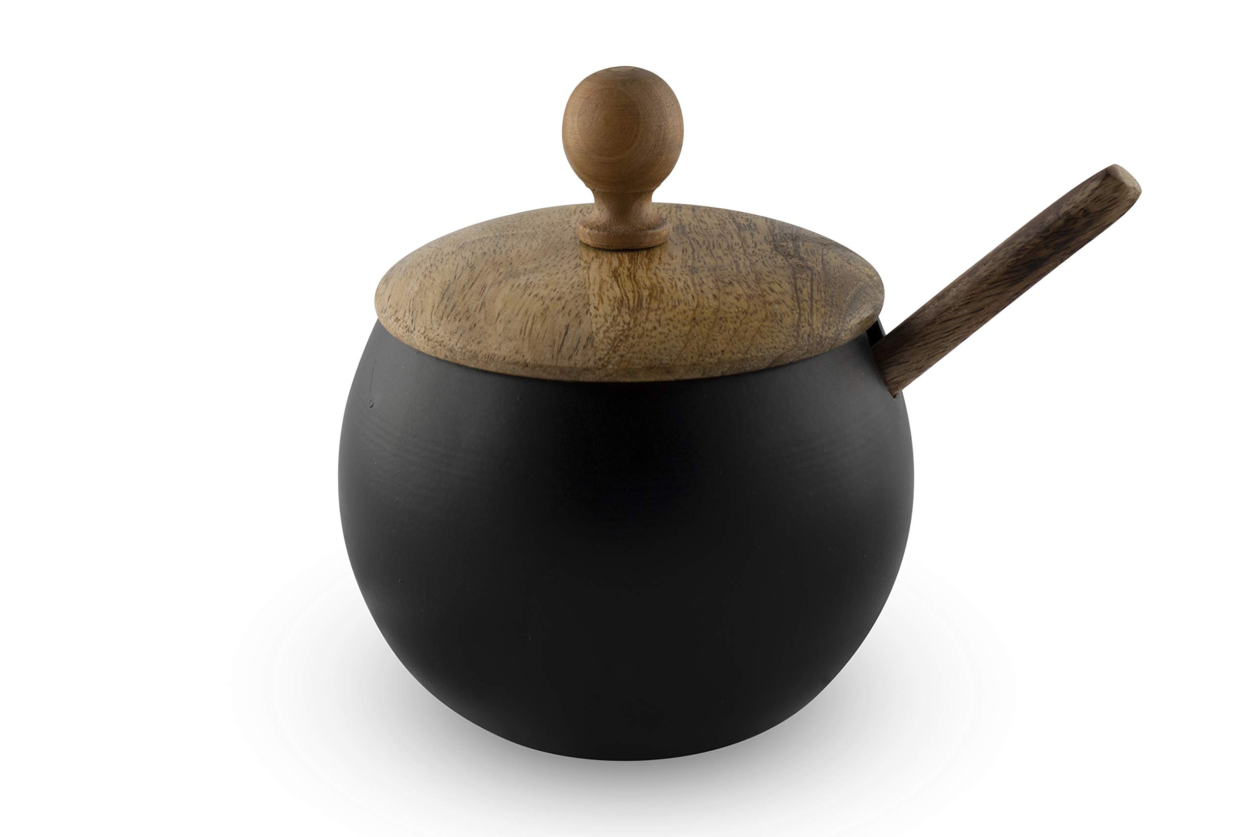 GoCraft Sugar Bowl with Wooden Lid and Spoon for Home and Kitchen, Drum Shape (Matte Black Finish)