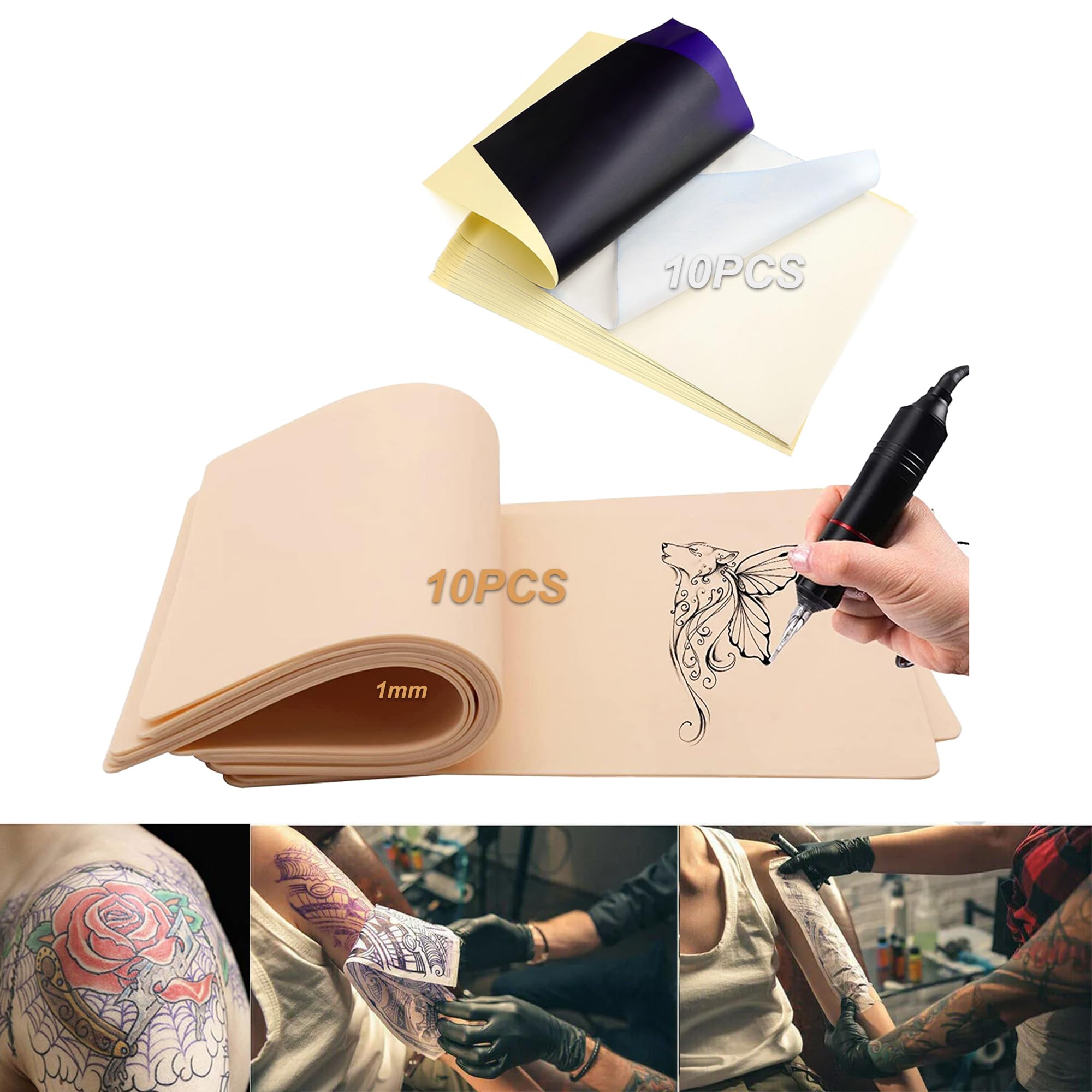 Techson Tattoo Skin Practice, 10Pcs 1mm Blank Double Slides Fake Skins for Tatto Beginners and Microblading Eyebrow Practice (7.4 x 5.6in) (10 x Tattoo Skin + 10 x Paper) — image 1
